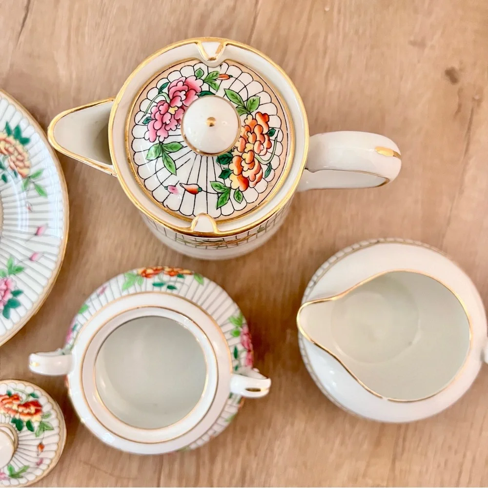 RARE 1920 Paragon Small Size Teapot, Sugar Bowl, Creamer, ‎ Plate Peony Antique